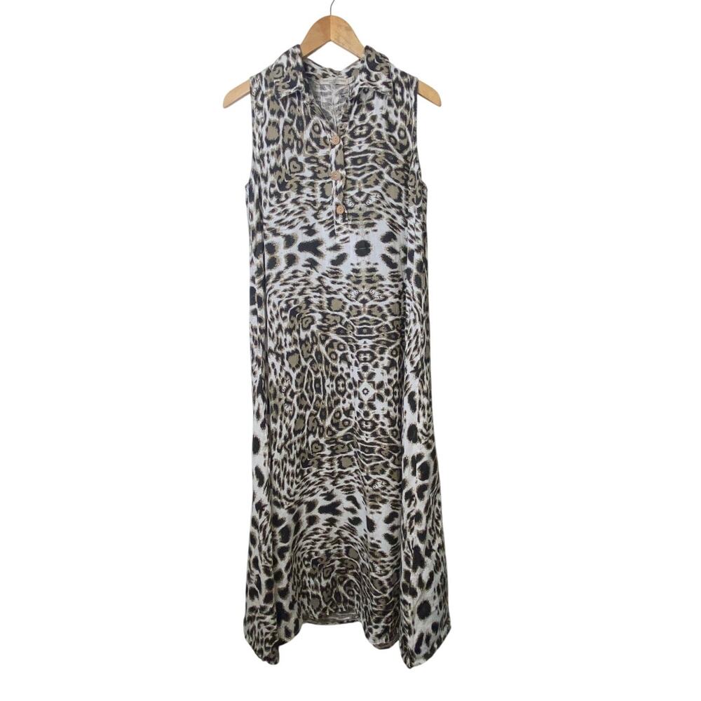 Vanessa Alexandra Made in Italy Linen Animal Print Sleeveless Maxi Dress Medium